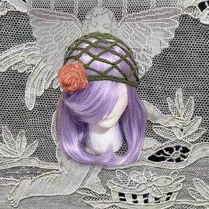 Handmade Y2K Green Crochet Fishnet Headpiece with Orange Flower